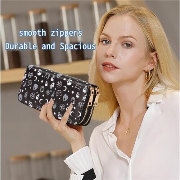 Halloween Skull Wallets for Women Large Capacity 2 Zipper Around Gothic Wallet - Picture 5 of 7